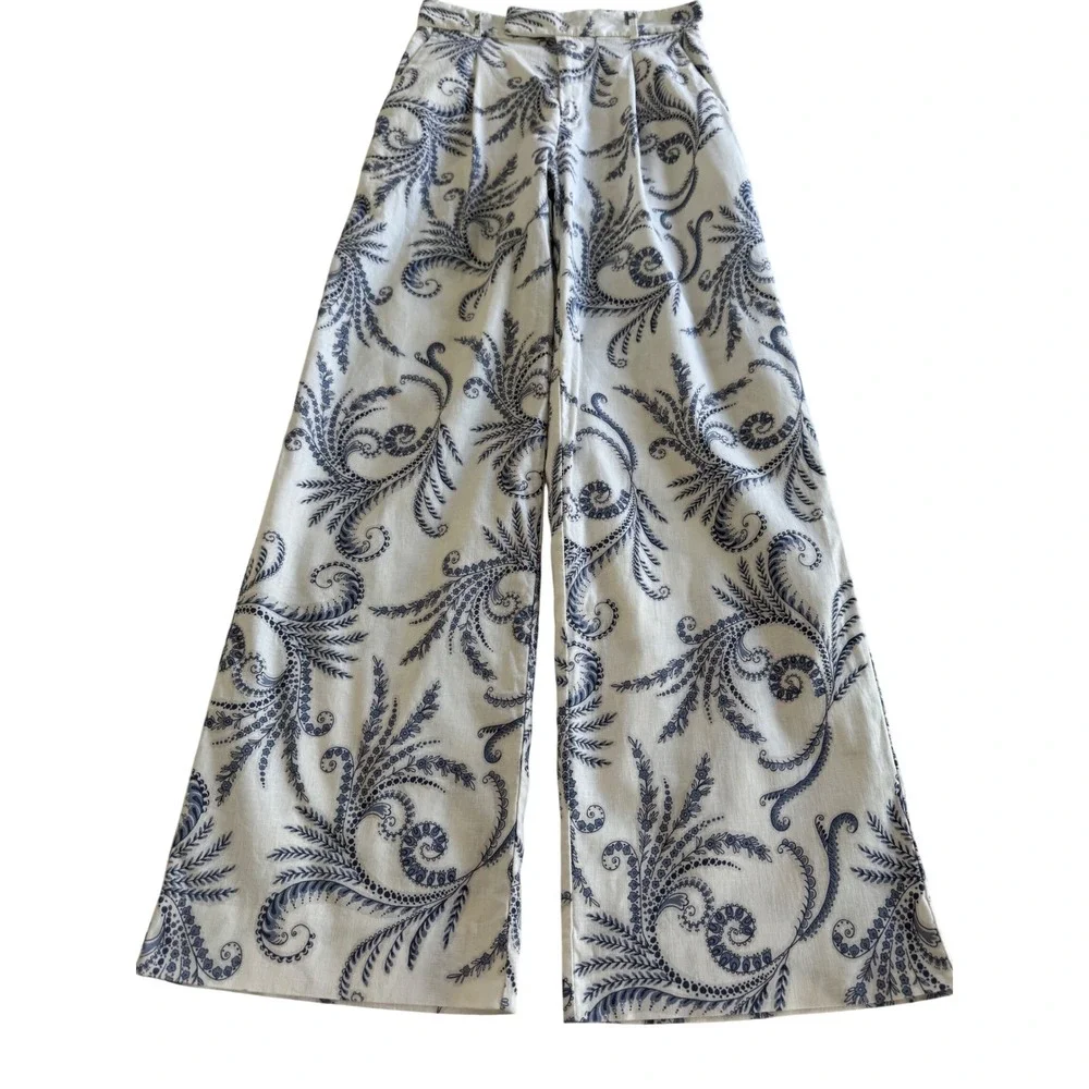 Banana Republic High Rise Linen Blend Paisley Wide Leg Pants 4 Coastal Resort